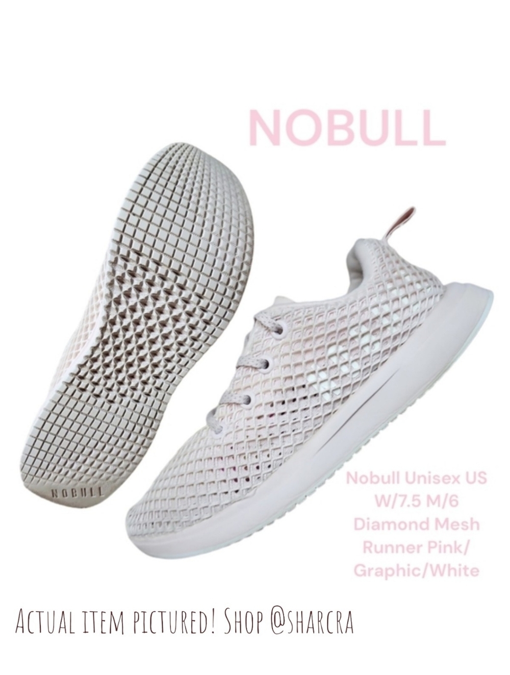 Nobull Women Diamond Mesh Runners Pink Graphic White Unisex lace-up sneakers 7.5
